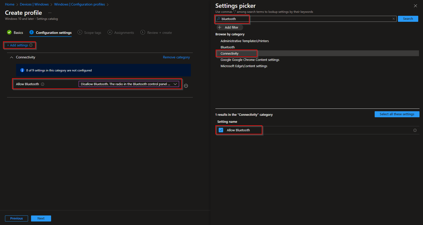 Configuring Allow Bluetooth to Disallow Bluetooth in Intune
